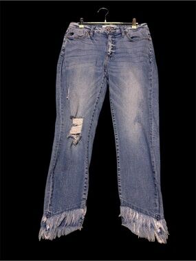 KanCan Light Blue Distressed Straight Leg Jeans with Fringed Hem